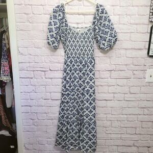 Anna Cate Mae Midi Dress Size L Blue Floral Smocked Puff Sleeves Cottage Prairie